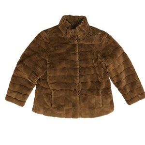 Dennis Basso Womens Short Winter Brown Faux Fur Coat Size L